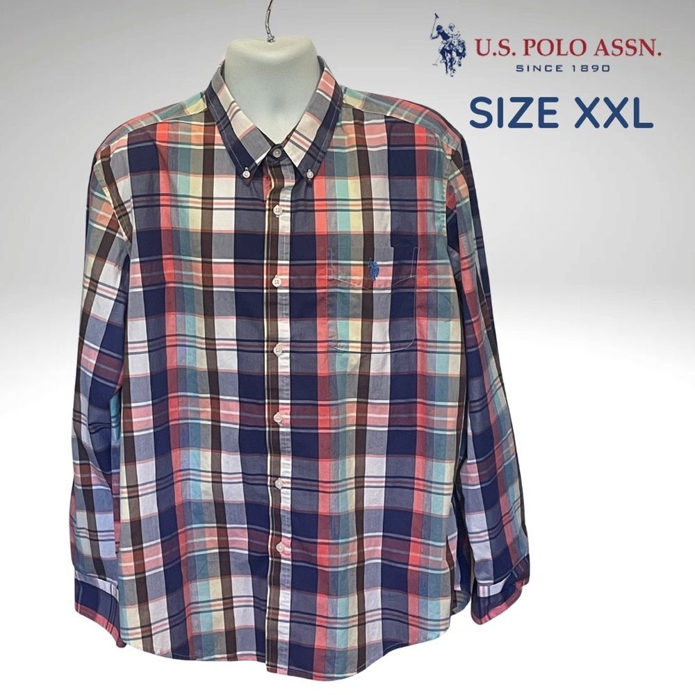 US Polo Assn Men’s Button Down Shirt XXL – Blue & Red Plaid Long Sleeve